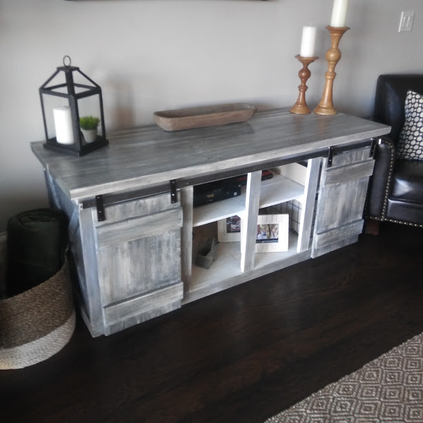 Rustic Weathered Gray media table with sliding barn doors