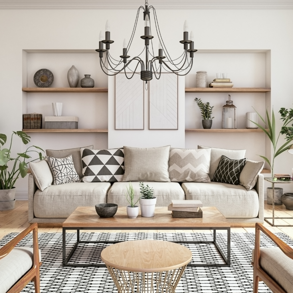 Family room with loveseat and wood shelving boho look