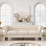 Cream tufted button 3 seat modern sofa with roller arms