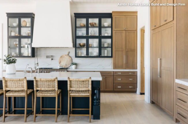 Wood cabinets and blue island