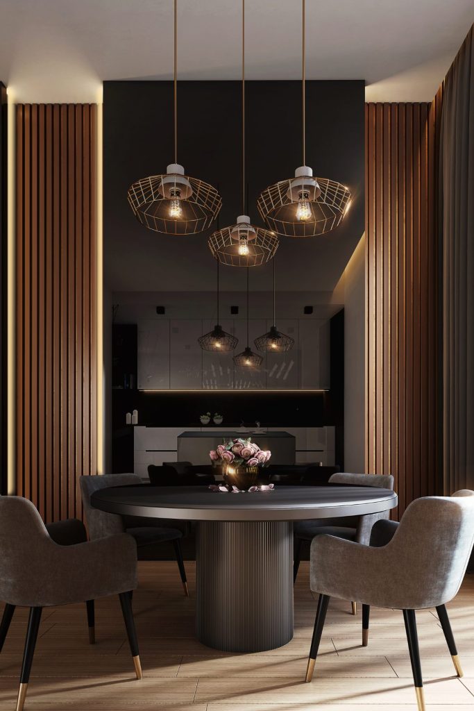 Wooden Slatted Wall in a Moody Dining Room