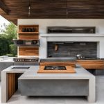 Stone, concrete and wood outdoor contemporary kitchen 