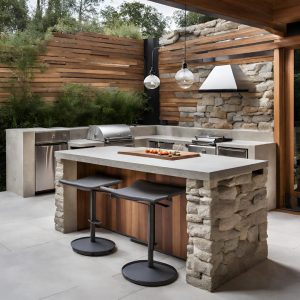 Stone and wood outdoor contemporary kitchen