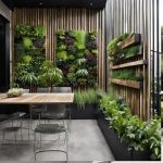Contemporary vertical garden wall greenery and wooden slats millwork 