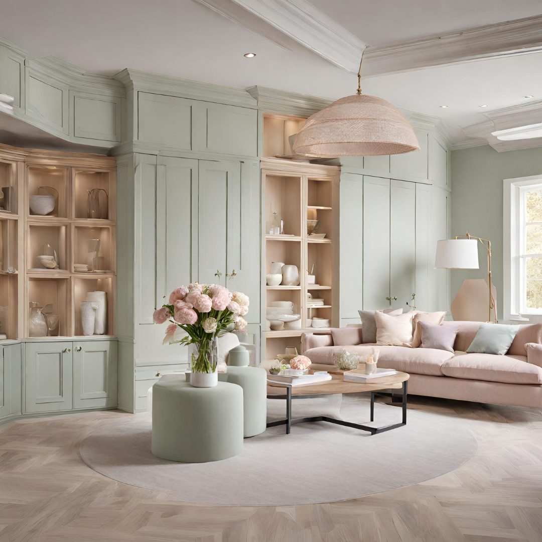 Pastel cabinetry light wood and mint colors